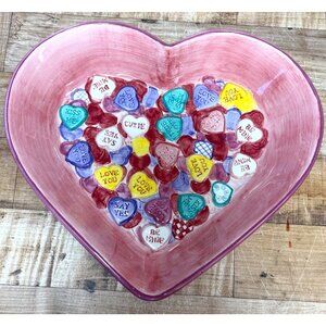 Vtg Heart-Shaped Ceramic Candy Dish With Valentines Day Theme Lotus Mold 1999